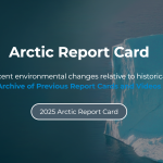 Arctic Report Card / Tracking recent environmental changes relative to historical records ./ Archive of Previous Report Cards and Videos in white text over a background of blue water with a blue and white iceberg floating in it.
