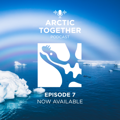 Arctic Together Podcast Episode 7 Now Available in white text over a background of blue sky and blue water with white glaciers floating in the water.