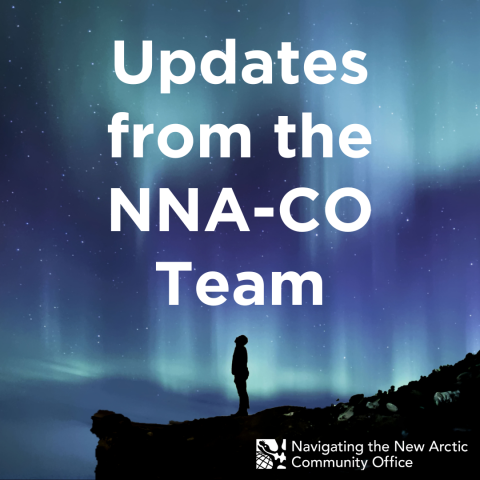 Updates from the NNA-CO Team in white with a background of the northern lights and a person silhouetted.