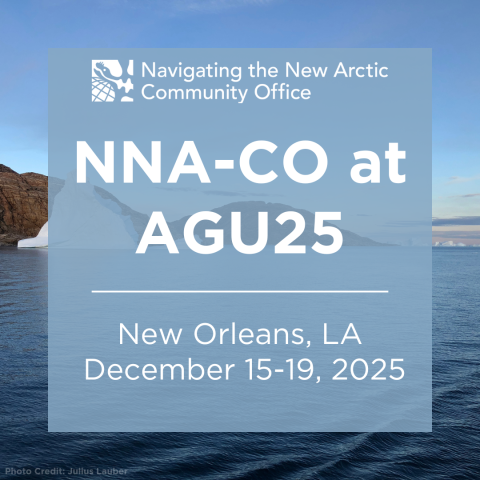 NNA-CO at AGU25 New Orleans, LA December 15-19, 2025 in white text over a background of blue water with brown mountains and ice bergs beyond.