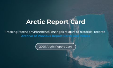 Arctic Report Card / Tracking recent environmental changes relative to historical records ./ Archive of Previous Report Cards and Videos in white text over a background of blue water with a blue and white iceberg floating in it.